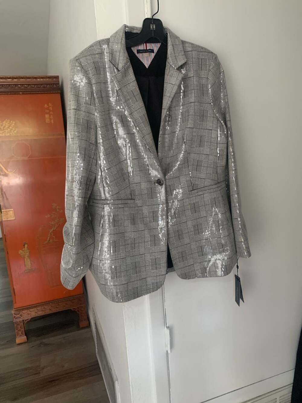 Tommy Hilfiger Grey Plaid Sequin One-Button Blazer